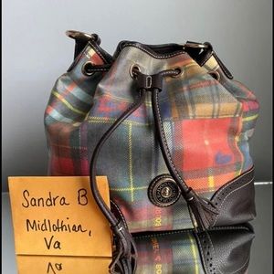 Dooney New Brown Leather Plaid Drawstring Bag
